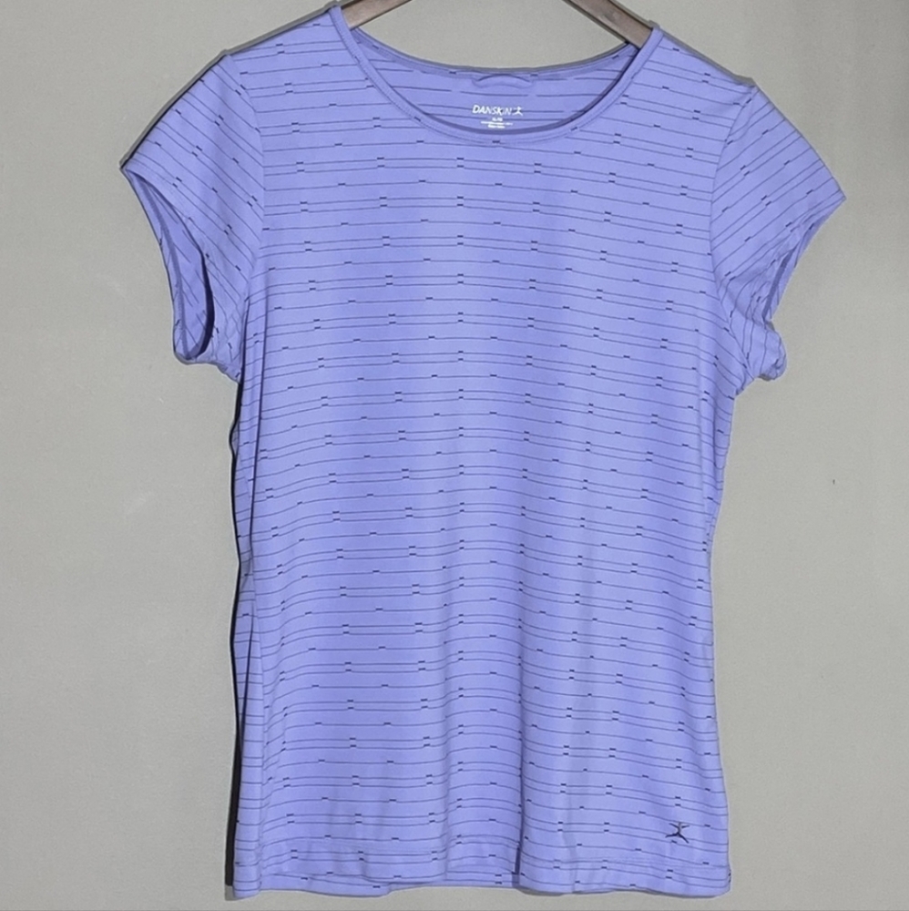 Danskin stretchy nylon blend purple & black striped short sleeve t-shirt sz XL